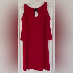 Shoulder exposed red dress with mid length sleeves, new with tags.